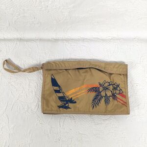 Vtg 1980s Soft Canvas Wristlet Multi Pocket Tan Blue Tropical Sailboat Hibiscus